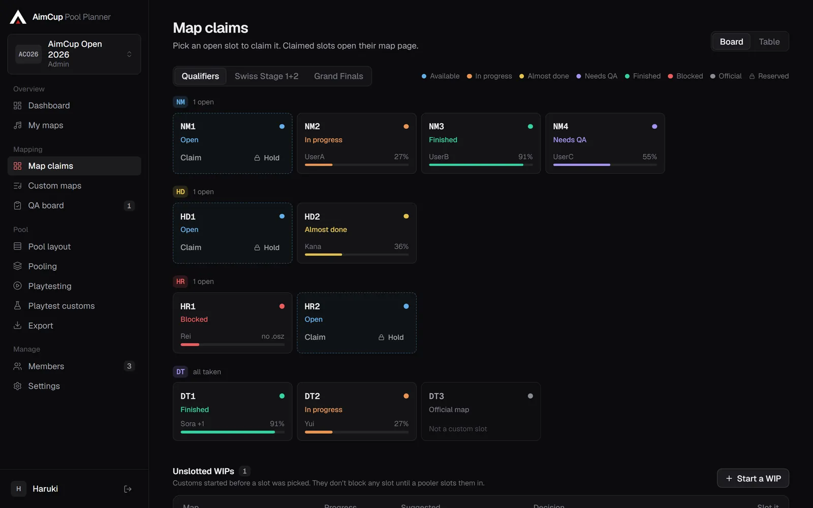 Pool Planner map claims board: slots per mod with status, mapper and progress