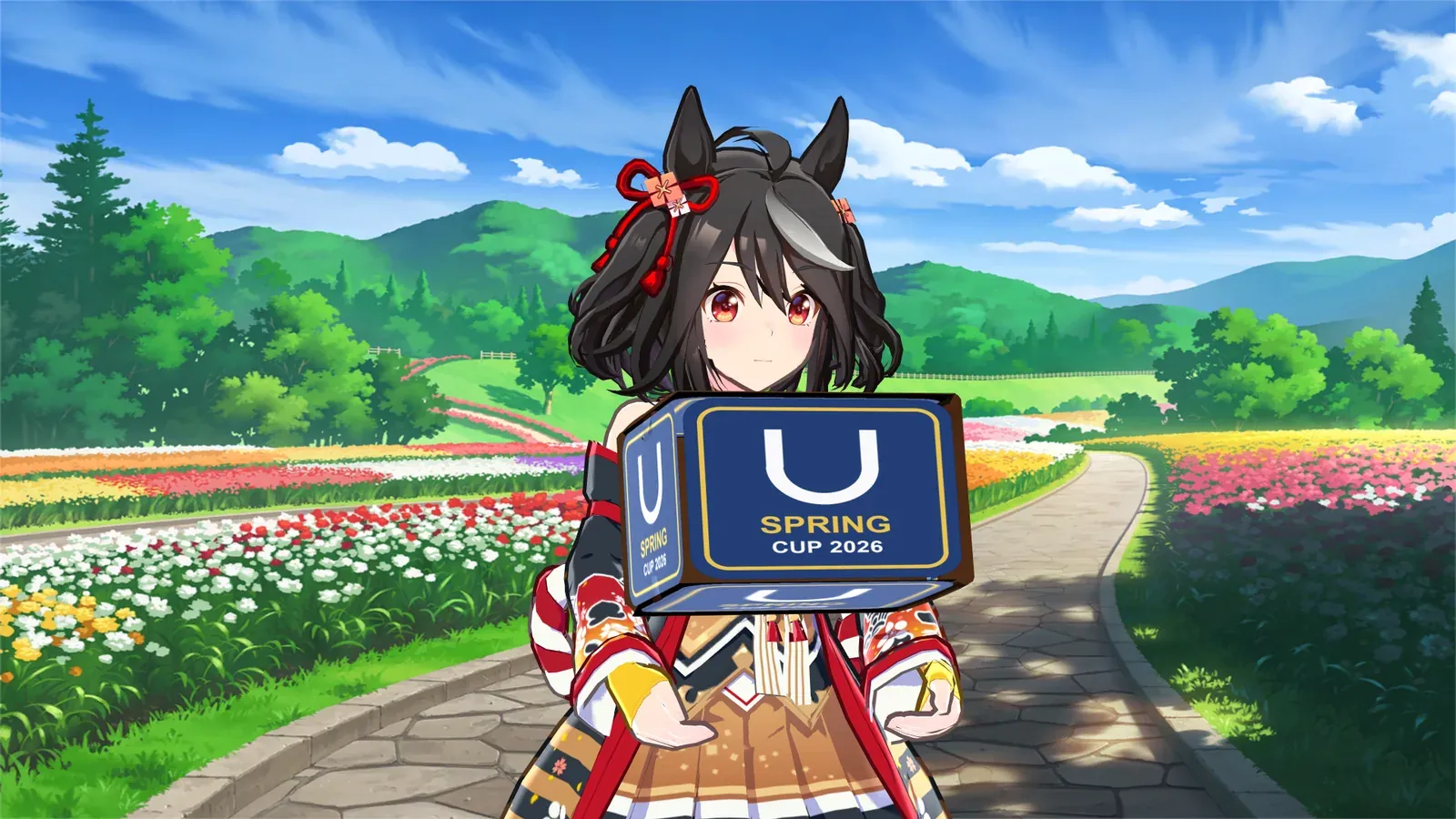 UmaStudio render: Kitasan Black on a flower field background holding a box with a custom Spring Cup 2026 badge